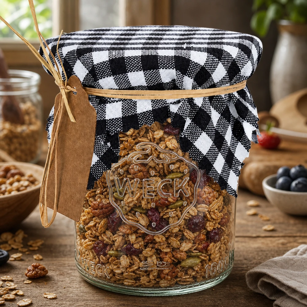 Guardanapo decorativo em xadrez preto e branco sobre frasco de muesli, arrumação de cozinha rústica 12cm quadrado
