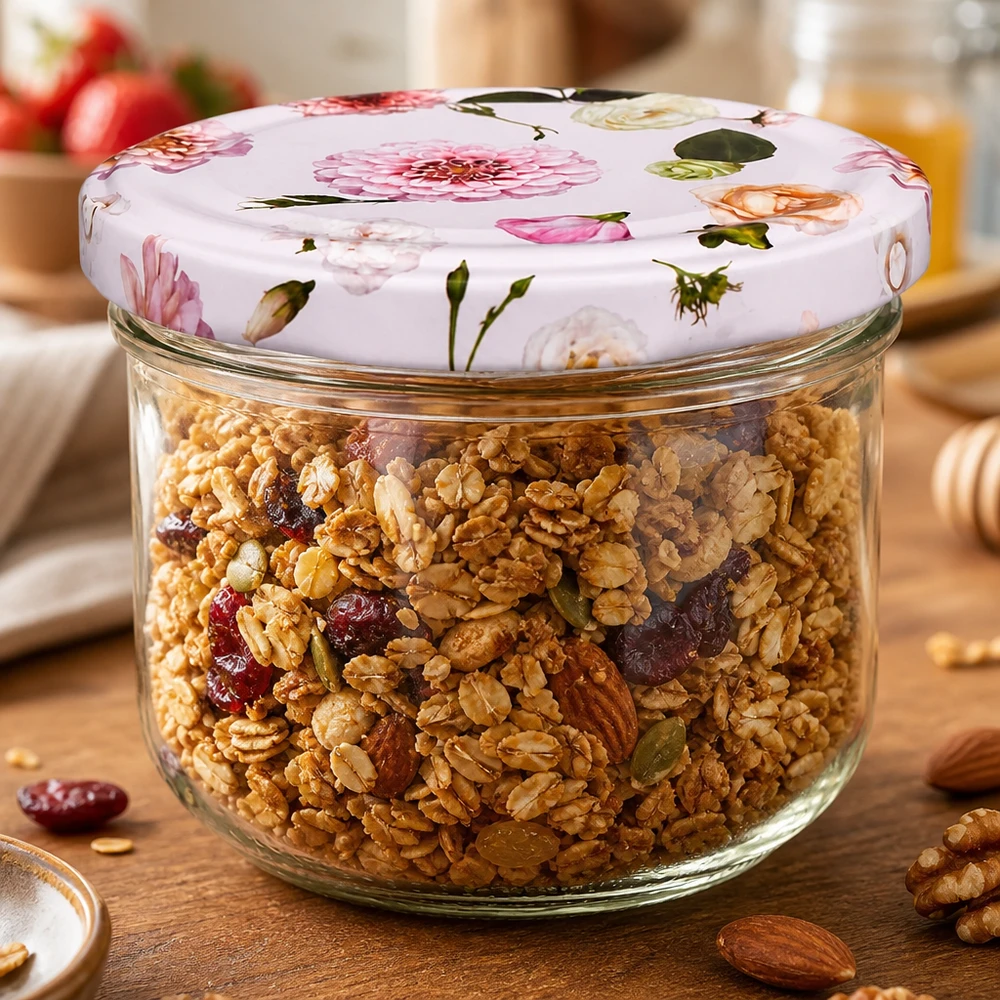 Copos de vidro de 260 ml + tampa BasicSeal cor-de-rosa UNiTWIST Frasco de arrumação de 260 ml com tampa de flor cor-de-rosa cheio de muesli e frutos secos - arrumação prática para a cozinha