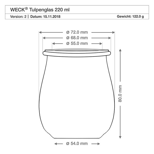Frasco de tulipas de 220 ml WECK RR60 com tampa de madeira Frasco tulipa WECK 220ml RR60 desenho técnico com dimensões, diâmetro e altura em milímetros