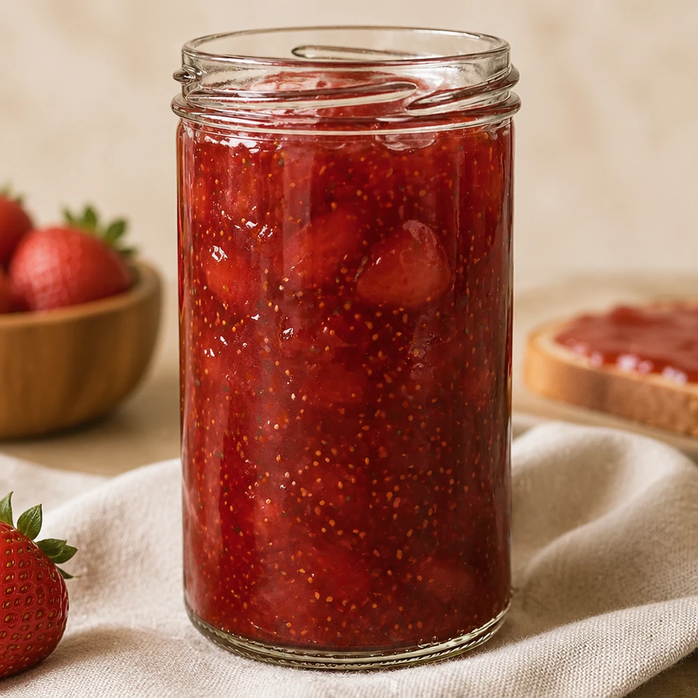 Frasco UNiTWIST Sturz277 de 277 ml TO66 cheio de compota de morango, frasco de conservação para compotas e pastas de barrar