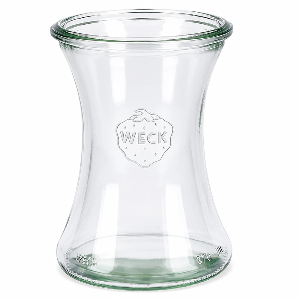 Frasco para charcutaria WECK 370ml RR80 em vidro transparente com logótipo em relevo e indicação de volume