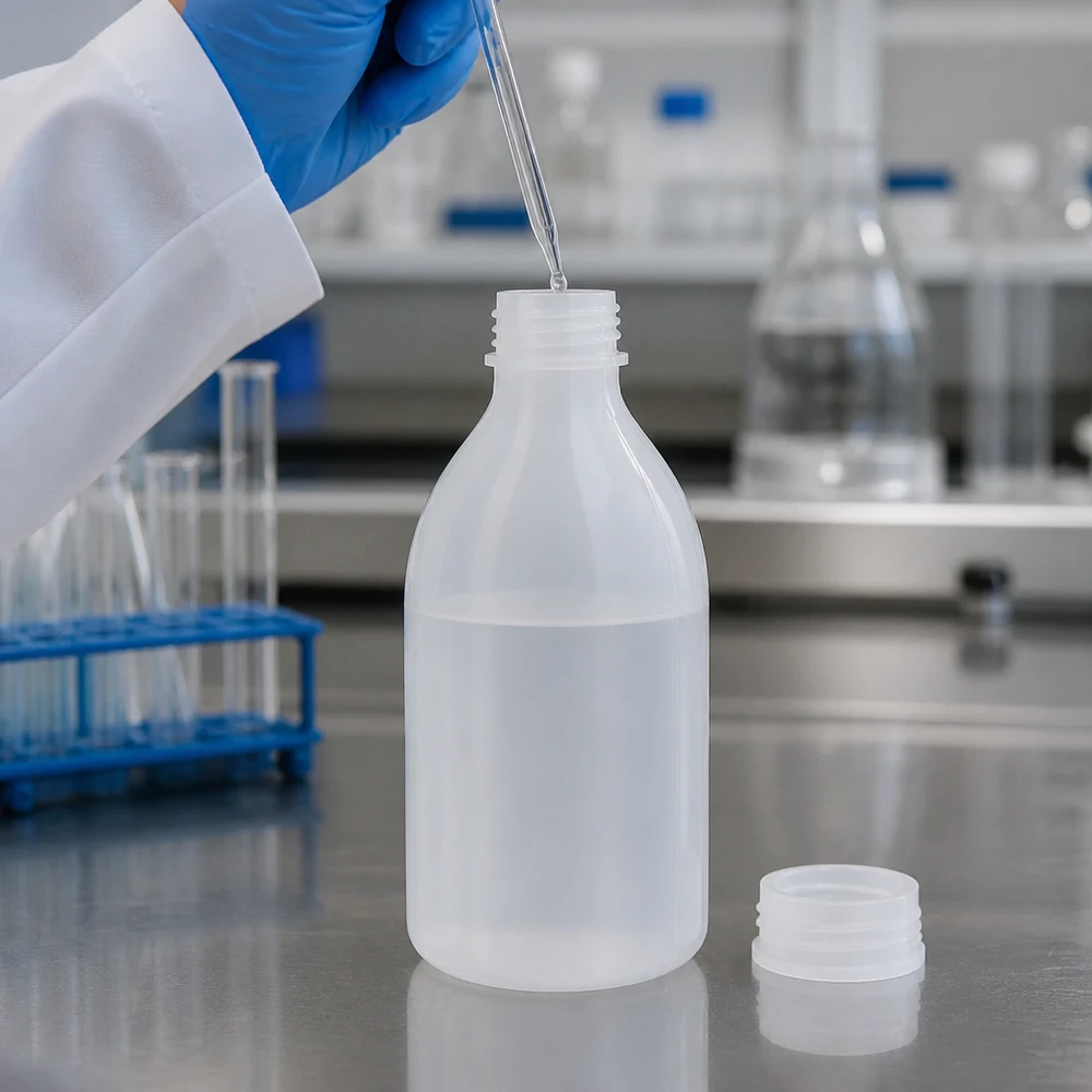 Frasco de laboratório de gargalo estreito, transparente, de 250 ml, sem tampa, com pipeta, enchido no laboratório