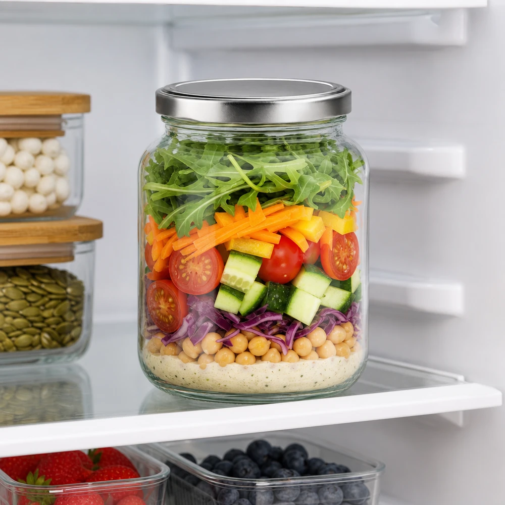 Frasco oval de 370 ml com tampa BasicSeal como salada de preparação de refeições no frigorífico com salada em camadas e ingredientes frescos