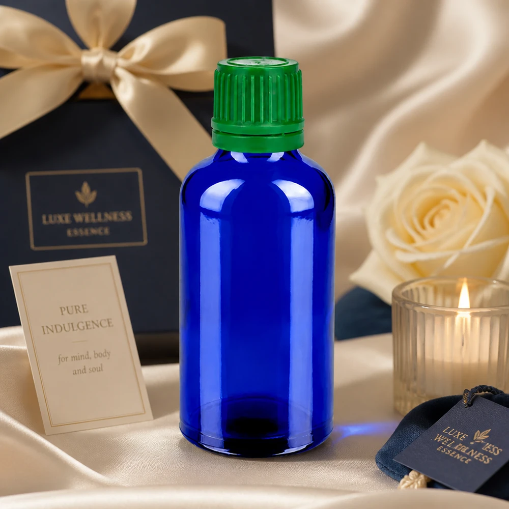 Frasco de vidro azul de 50 ml com tampa de rosca verde ideal para cosméticos DIY e produtos de bem-estar naturais