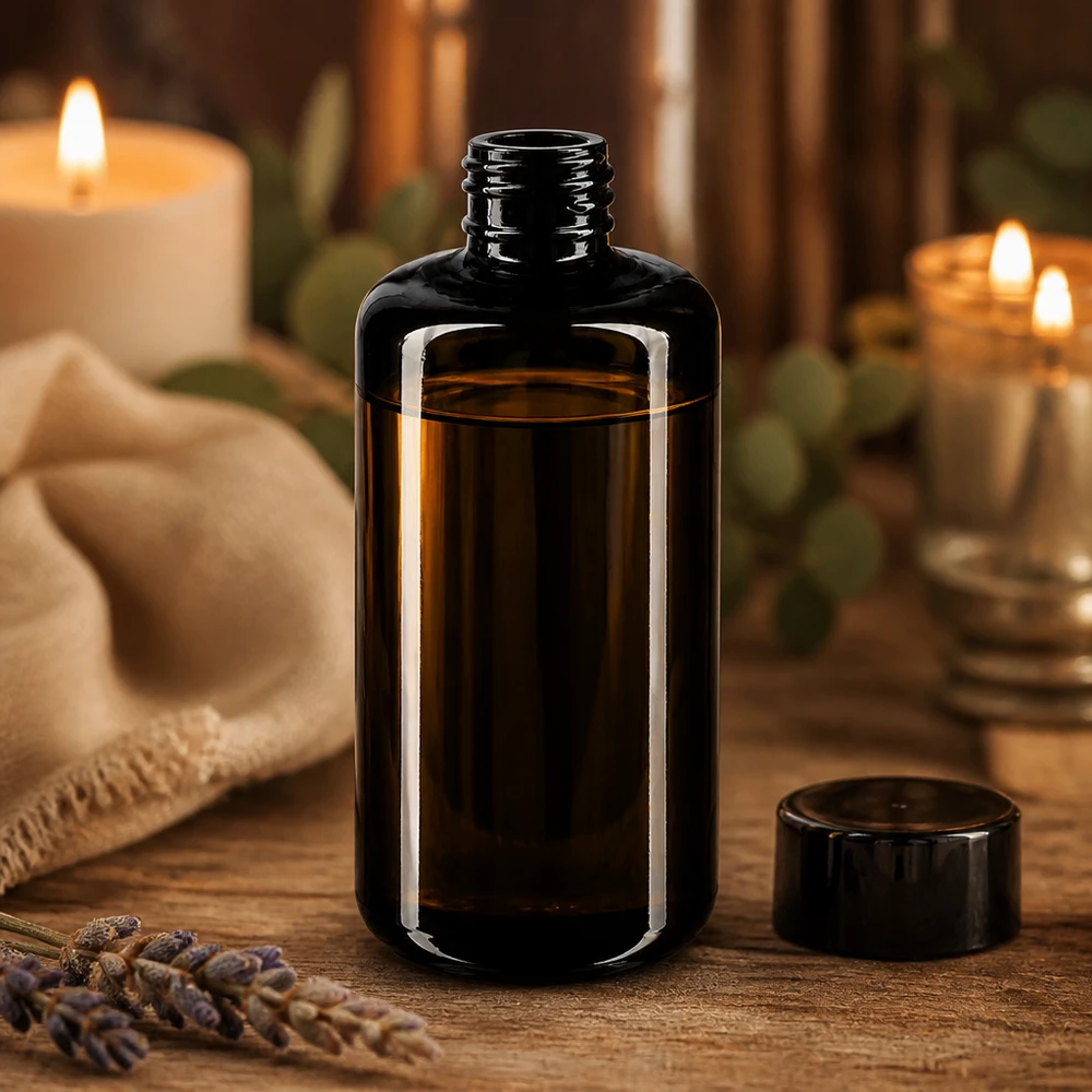 Frasco de vidro violeta 200ml 410/24 Frasco Draco elegante de 200 ml com tampa de rosca preta para produção de cosméticos profissionais