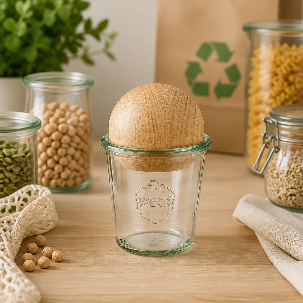 Copos WECK 290ml RR80 com bola de faia em cozinha sustentável de desperdício zero entre frascos de arrumação e símbolo de reciclagem