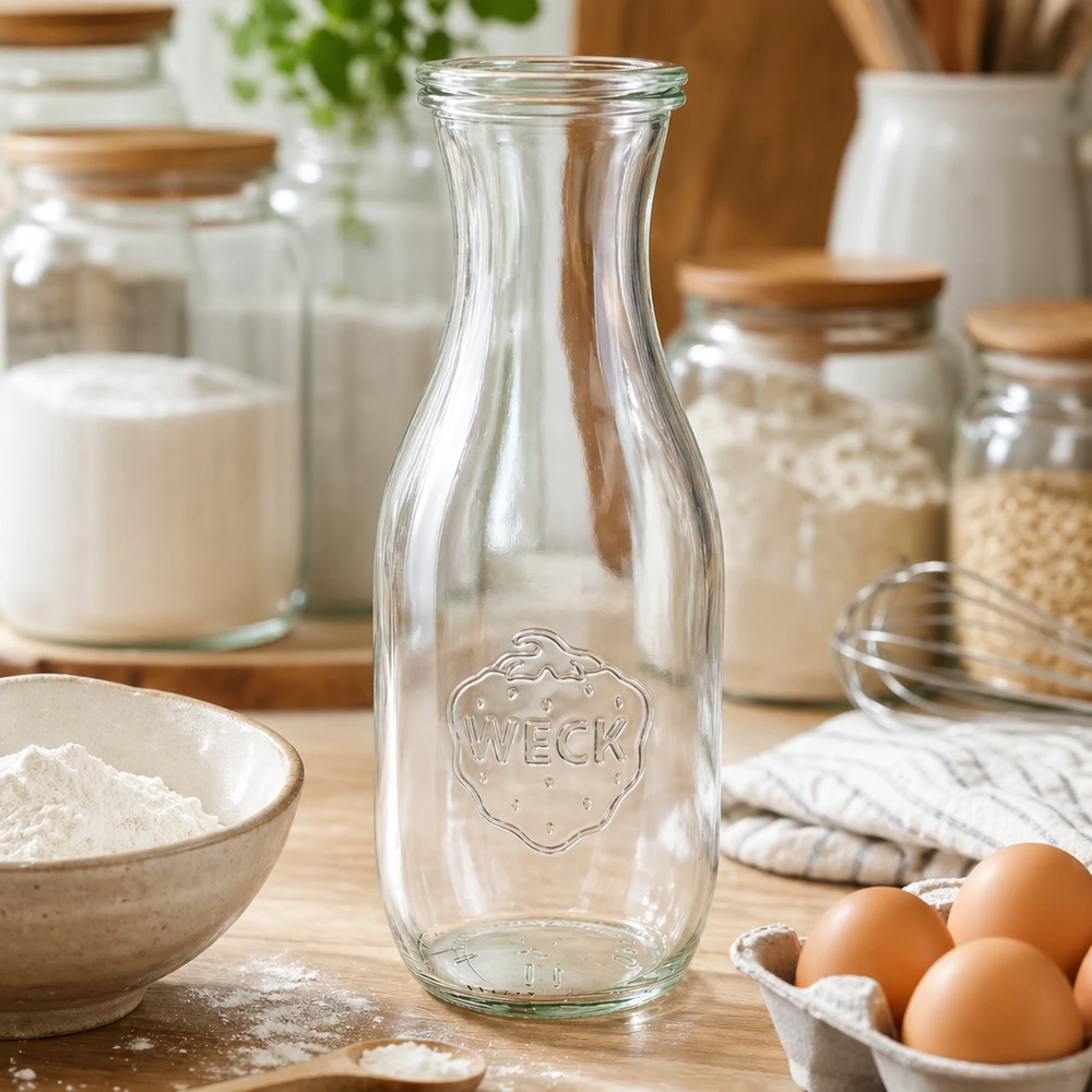 Garrafa para sumo de 1062 ml com tampa de vidro WECK RR60 Garrafa de sumo WECK 1062ml vazia na cozinha com ingredientes de pastelaria, farinha, ovos e frascos de arrumação sobre uma bancada de madeira