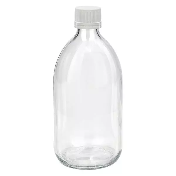 Frasco de medicamento de 500ml transparente, tampa branca/fina com anel inviolável ApoGlas Frasco de medicamento de 500ml transparente, tampa branca/fina com anel inviolável ApoGlas