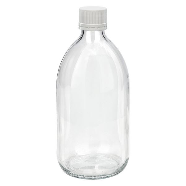 Frasco de medicamento de 500ml transparente, tampa branca/fina com anel inviolável ApoGlas