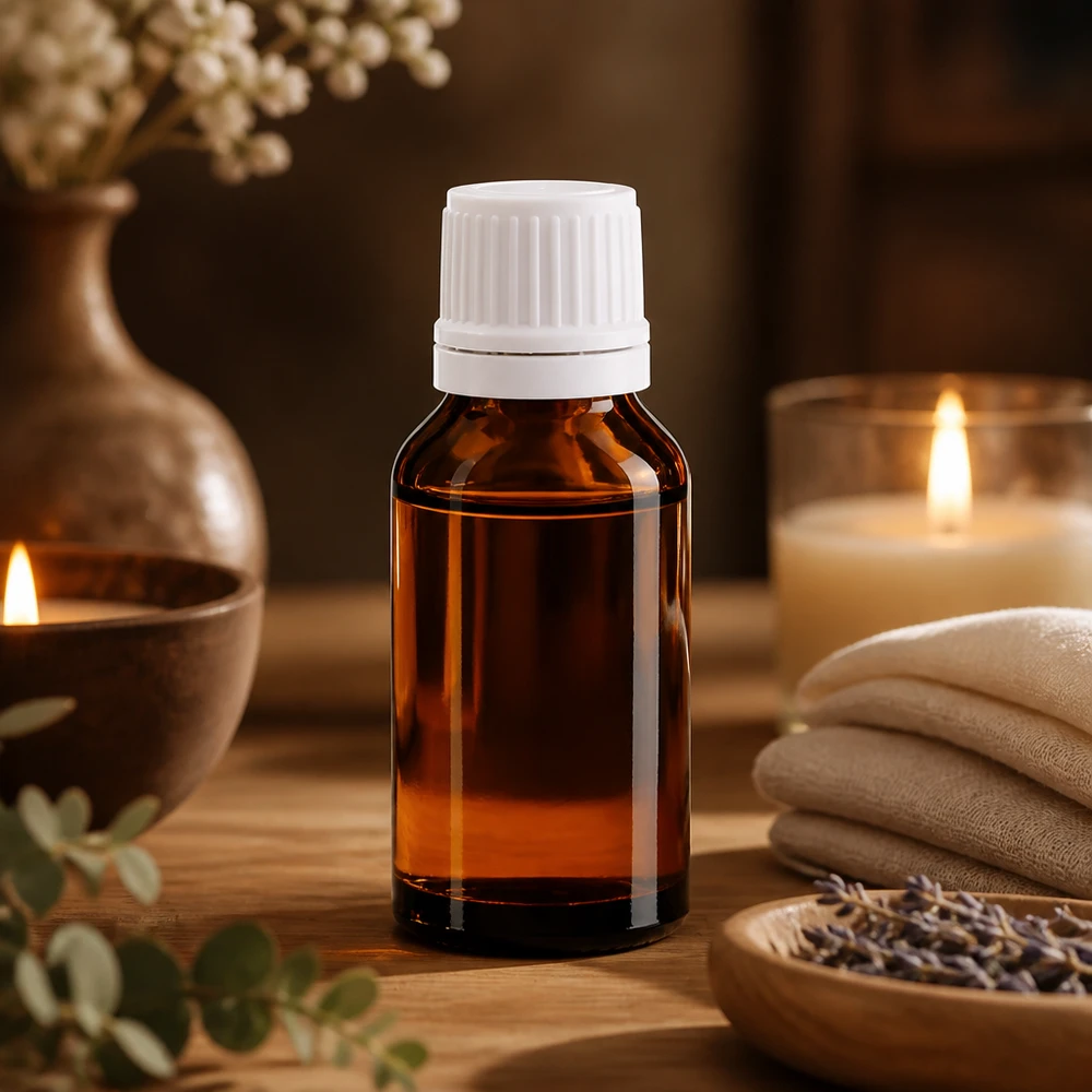 Frasco conta-gotas de 15 ml na cor âmbar com tampa branca, num ambiente relaxante de bem-estar com velas