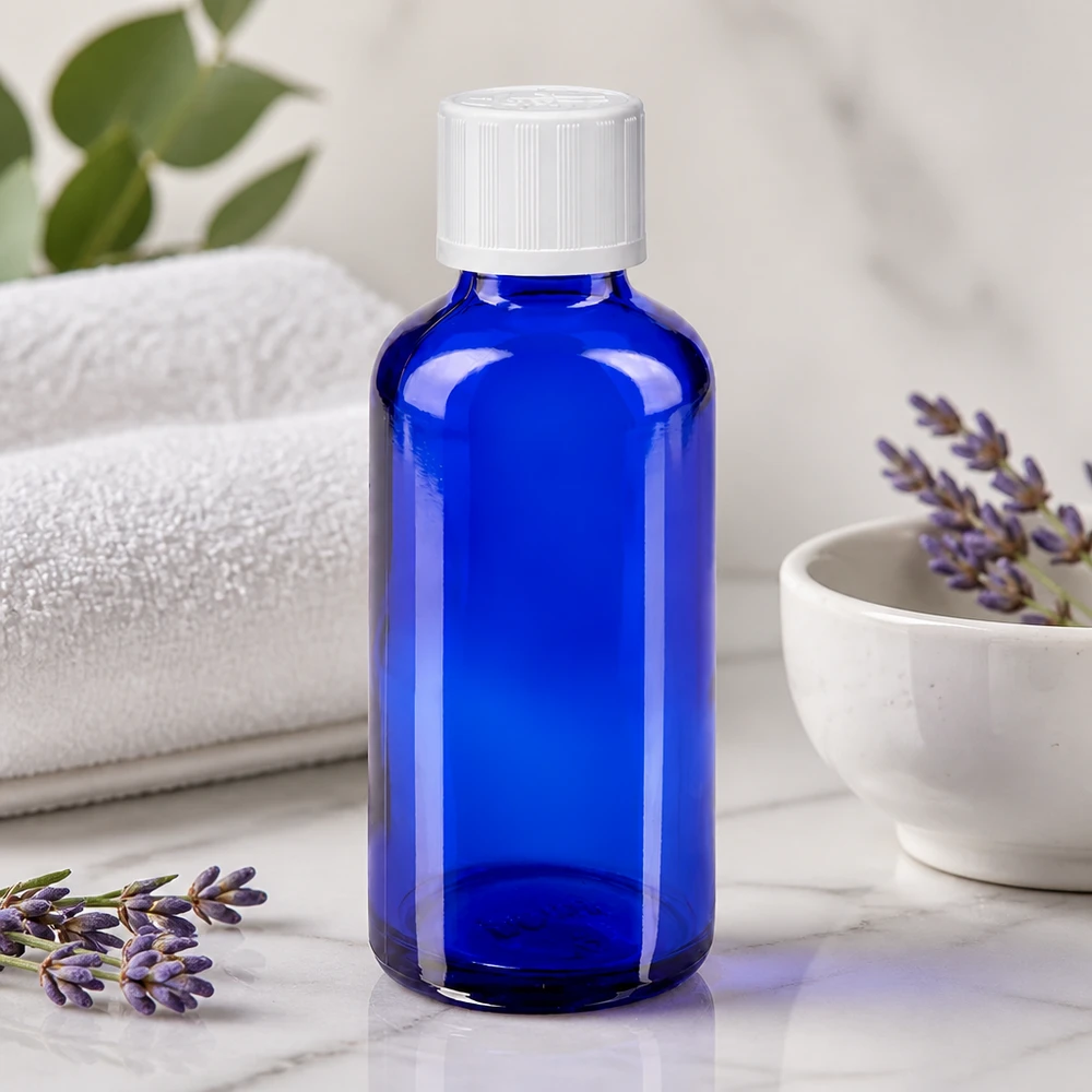 Frasco de farmácia azul cobalto de 50 ml com tampa KiSi branca ao lado de lavanda sobre mármore