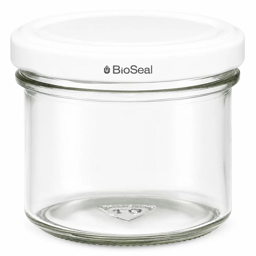 Copos UNiTWIST 125ml com tampa TO66 BioSeal branca Frasco para conservas Frasco para compota transparente