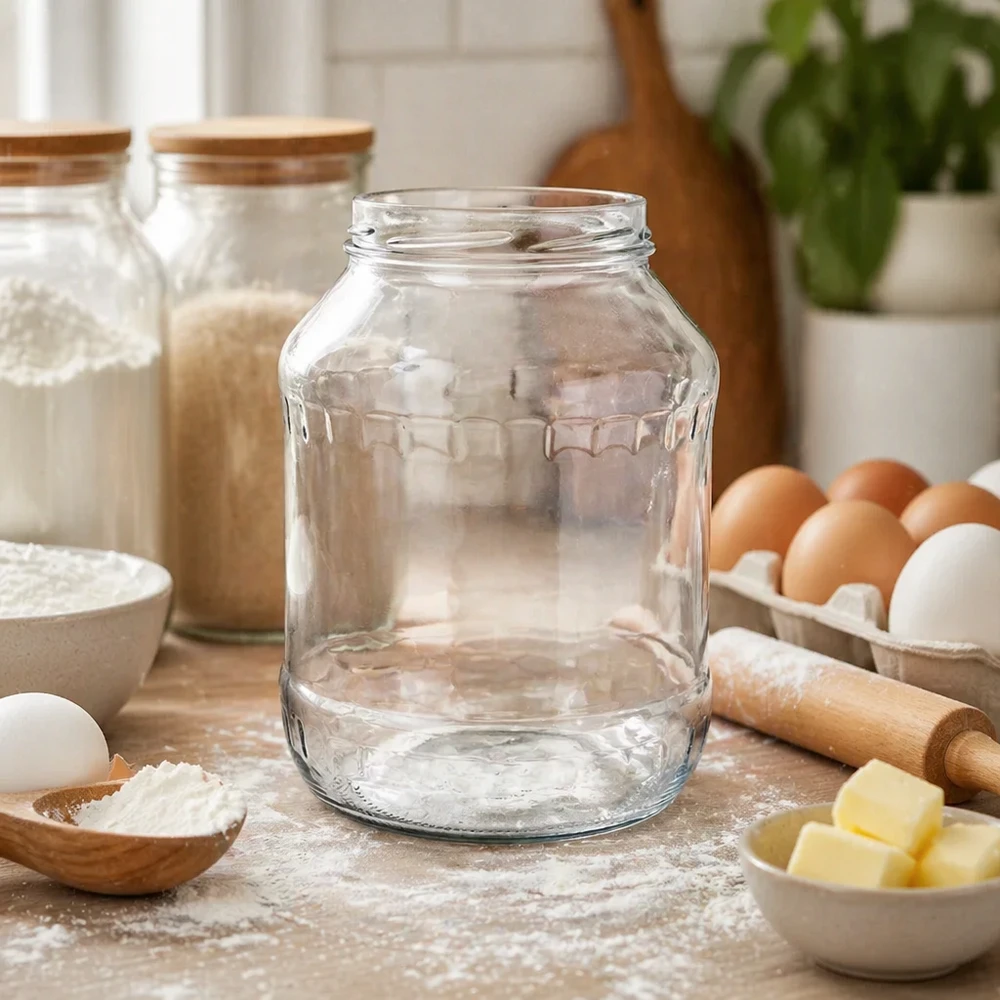 UNiTWIST Runda2650 copos 2650ml vazios na mesa da cozinha com ingredientes de pastelaria ovos manteiga farinha cena de cozinha TO100 fio