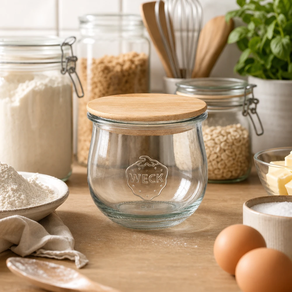 Frasco de tulipa WECK 370ml RR80 com tampa de madeira disposto numa cozinha moderna entre frascos de arrumação e ingredientes de pastelaria