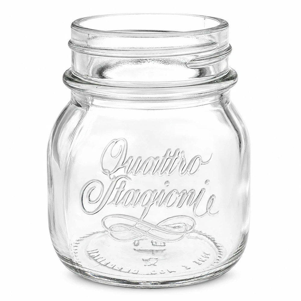 Copo redondo de 150ml "Quattro Stagioni" QS56mm Frasco de conserva Quattro Stagioni de 150 ml em vidro transparente com letras em relevo e rosca