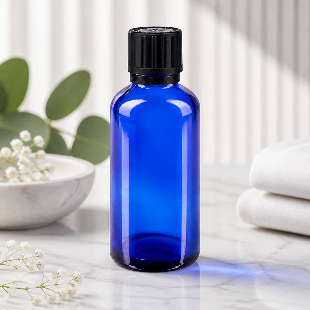Frasco de vidro azul de 50 ml com tampa de rosca estriada, sobre uma superfície de mármore, ao lado de flores brancas de gipsófila