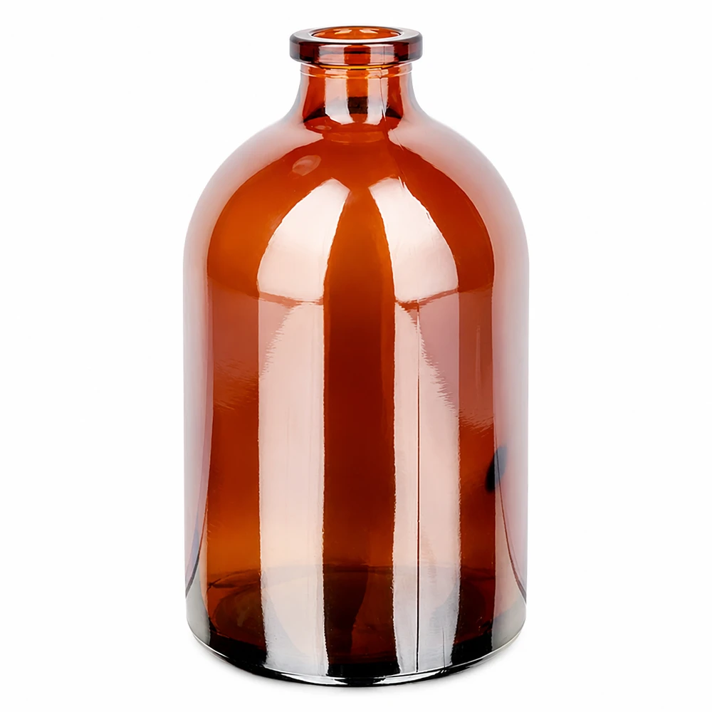 Frasco para injectáveis de vidro âmbar 100ml Medizinische Injektionsflasche 100ml in Braunglas mit glatter Oberfläche und stabilem Flachboden