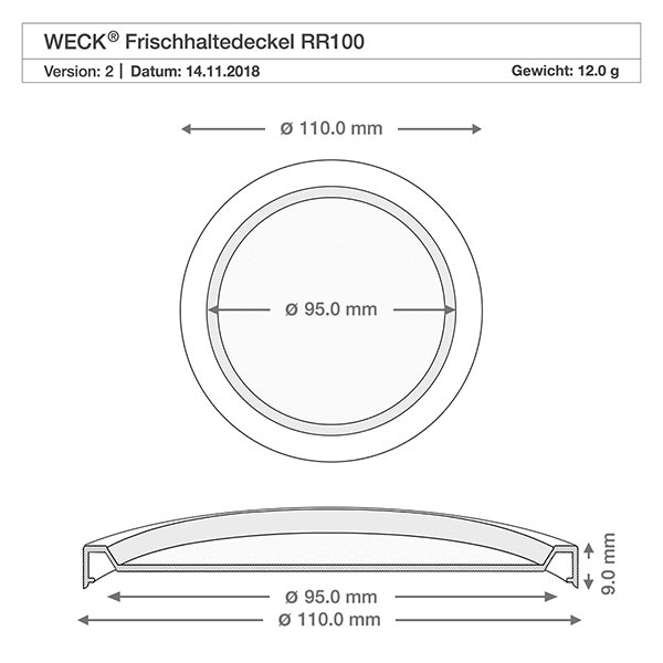 Frasco de vidro de 370 ml com tampa de conservação WECK RR100 Desenho técnico da tampa WECK RR100 com dimensões de 110 mm e 95 mm de diâmetro para o frasco Gugelhupf