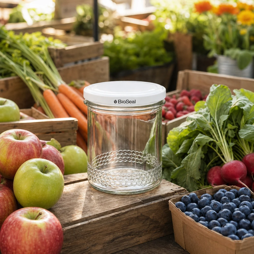 560g Honigglas + BioSeal Deckel weiß UNiTWIST O frasco de mel de 400 ml vazio com tampa BioSeal entre frutos e legumes frescos mostra uma utilização versátil