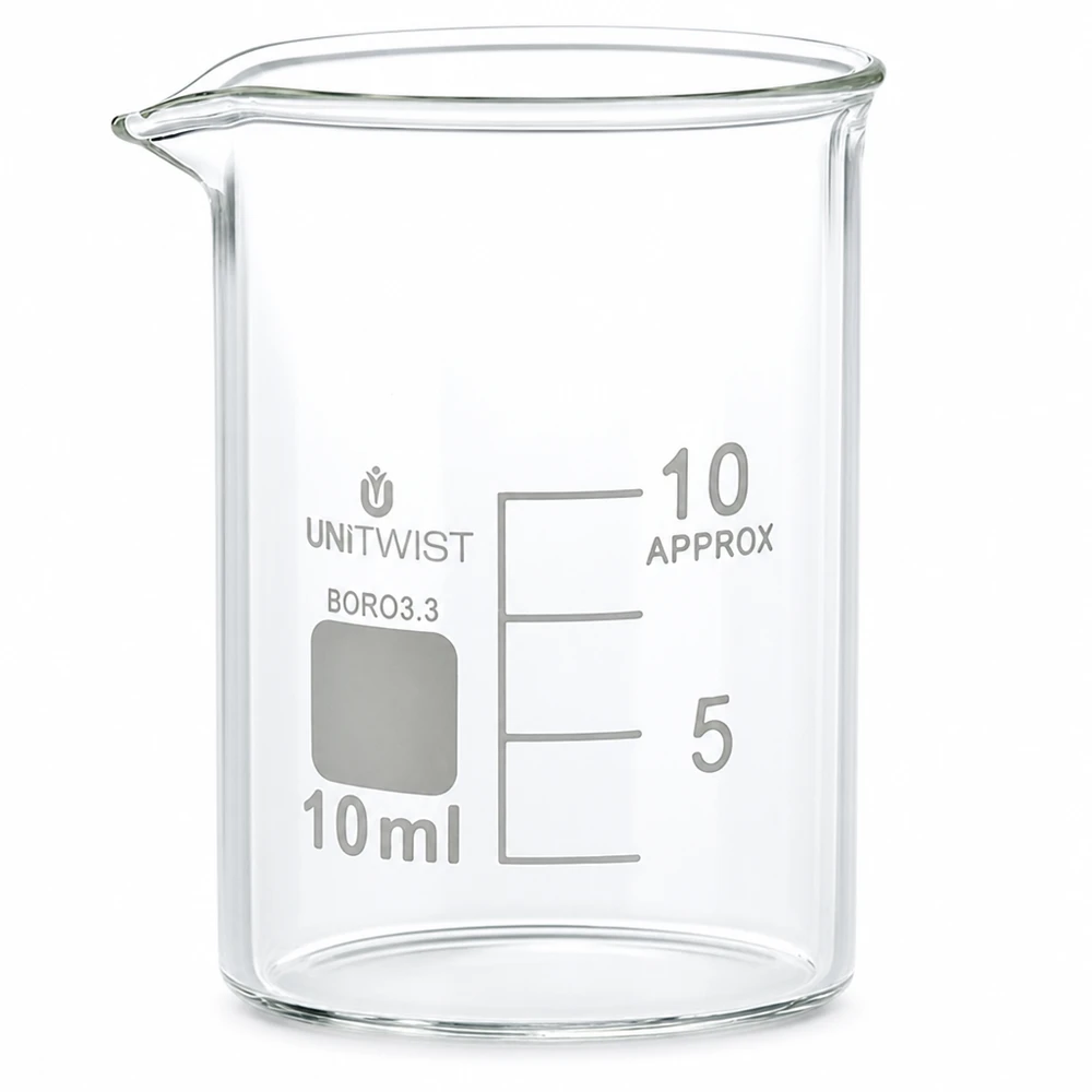 Copo de 10 ml de borosilicato, baixo molde UNiTWIST Copo de laboratório de 10 ml, de formato baixo, em vidro borossilicato 3.3 da UNiTWIST, com escala em mililitros
