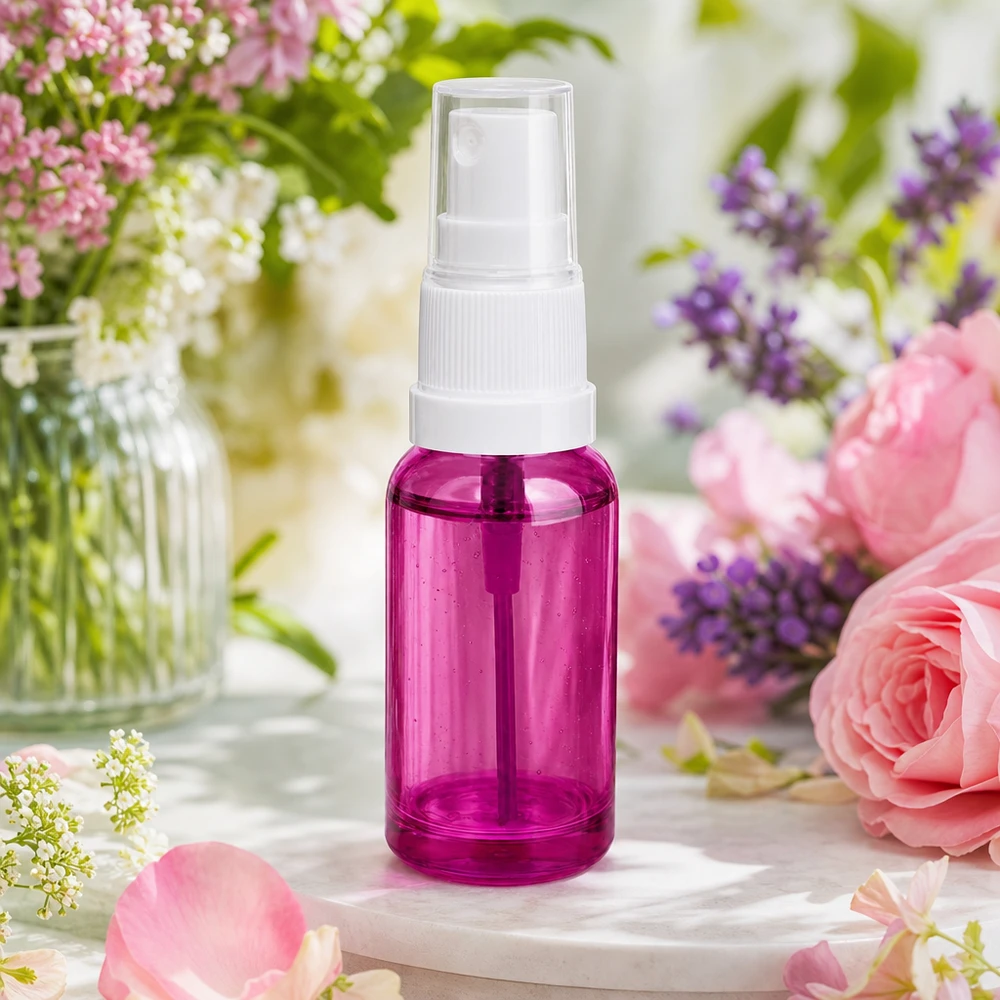 Frasco de spray de 20 ml em plástico transparente de alta qualidade com cabeça de spray branca de cor púrpura