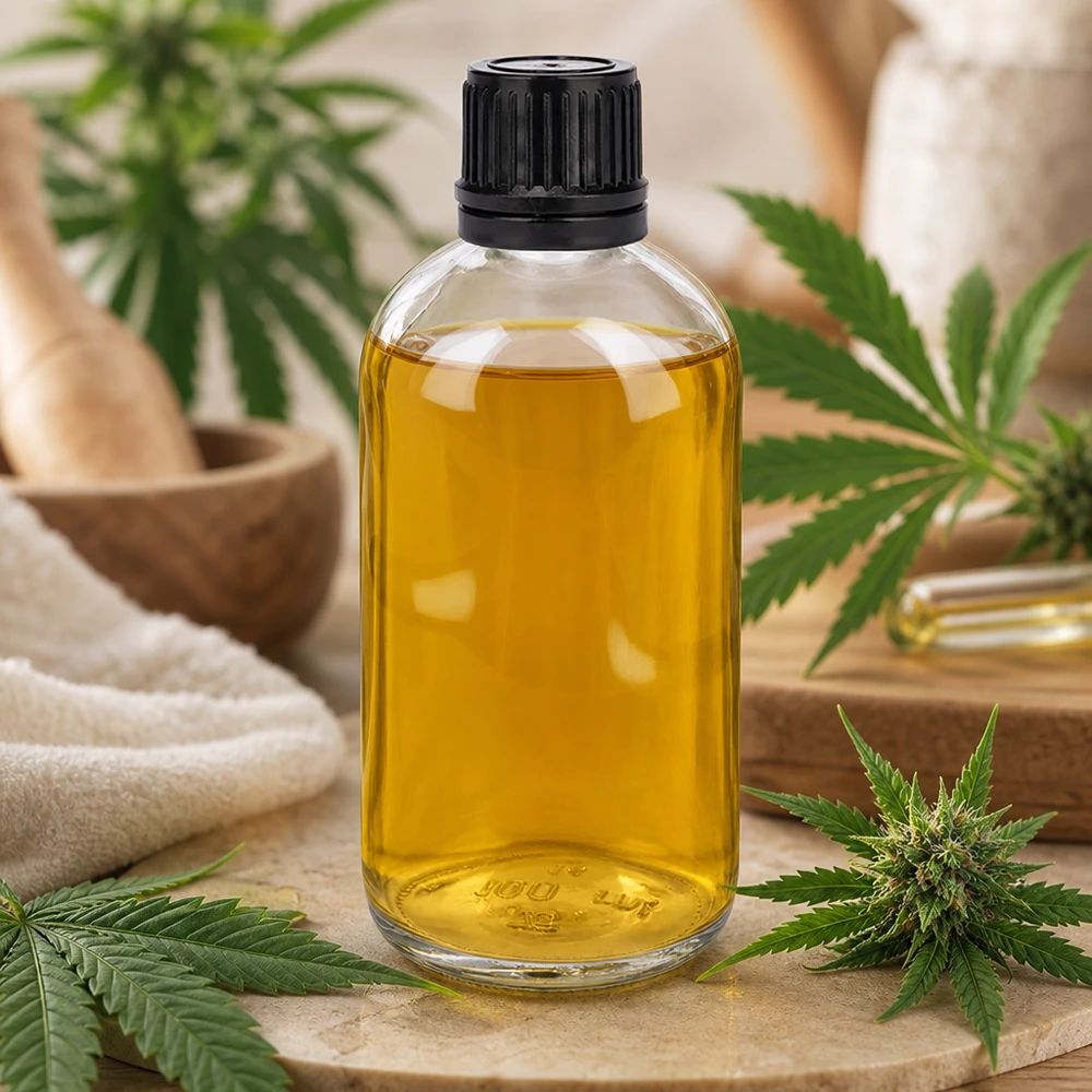 Frasco de 100ml (globule) 3mm anel de vazamento preto fecho padrão ClearLine UT18/1 Frasco de vidro transparente de 100 ml cheio de óleo de CBD, rodeado por folhas e flores de canábis