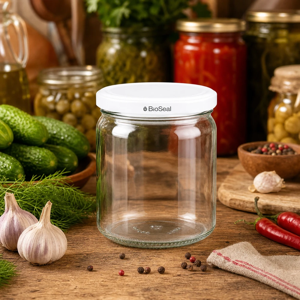 Frasco redondo de 408 ml com tampa BioSeal branca UNiTWIST UNiTWIST Runda408 Einmachglas in rustikaler Küchenszene mit frischen Kräutern und Gewürzen - vielseitiges Vorratsglas
