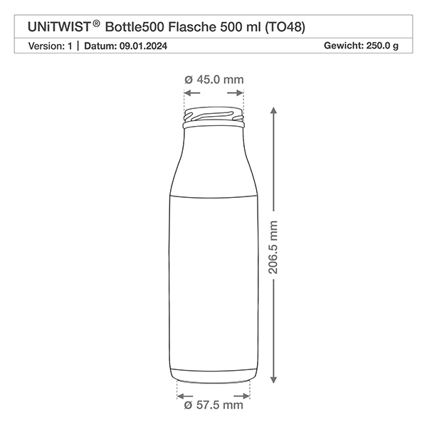 Frasco de vidro de 500 ml sem tampa (TO48) UNiTWIST Desenho técnico Garrafa de vidro de 500 ml TO48 UNiTWIST com as dimensões: 205,5 mm de altura, 57,5 mm de diâmetro, 250 g de peso
