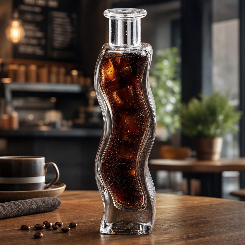 Melissa, uma garrafa de vidro de 100 ml cheia de bebida de cola e cubos de gelo num ambiente de café moderno sobre uma mesa de madeira