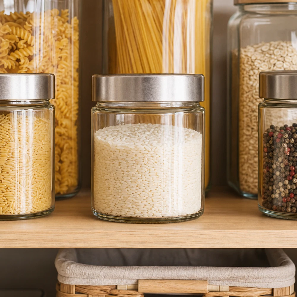 Frasco redondo de 135 ml com tampa prateada organização da despensa com arroz massa pimento armazenamento sistemático na cozinha