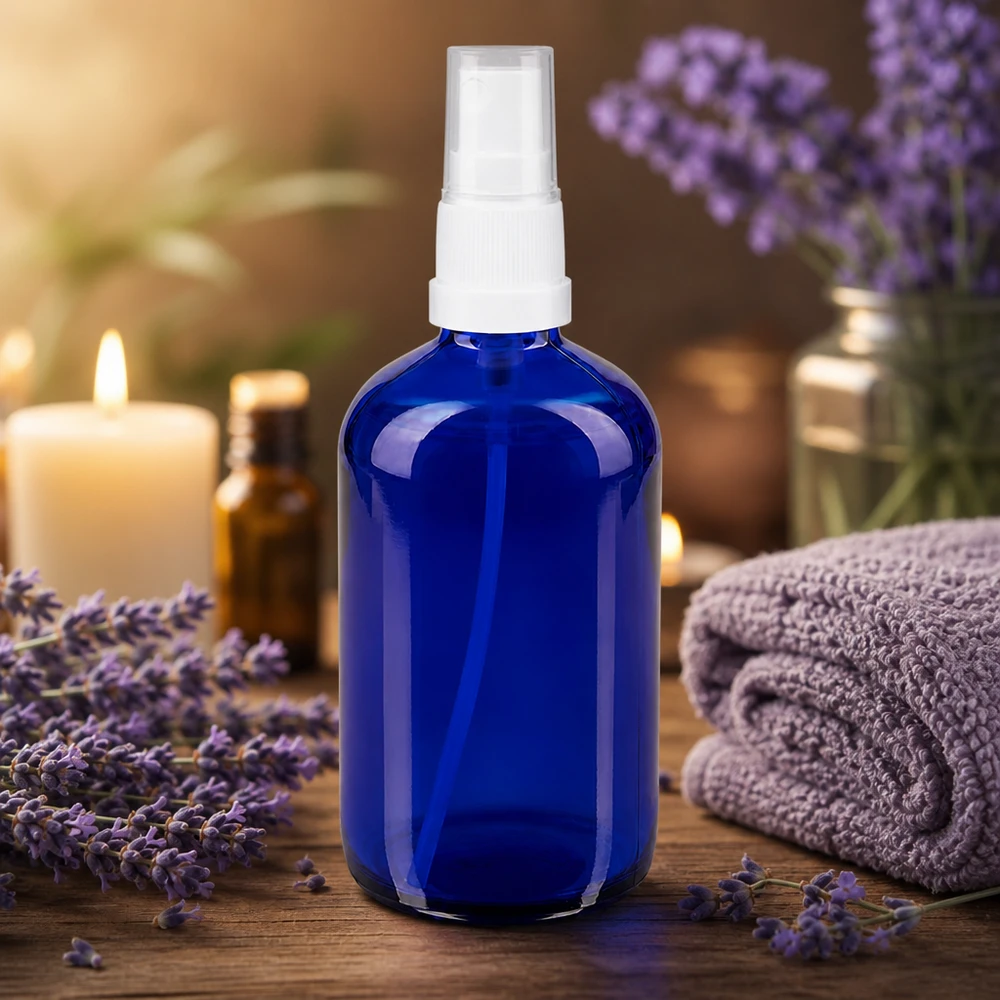 Frasco pulverizador redondo de 100 ml em vidro de farmácia azul com bomba branca STD para aromaterapia e óleo de lavanda