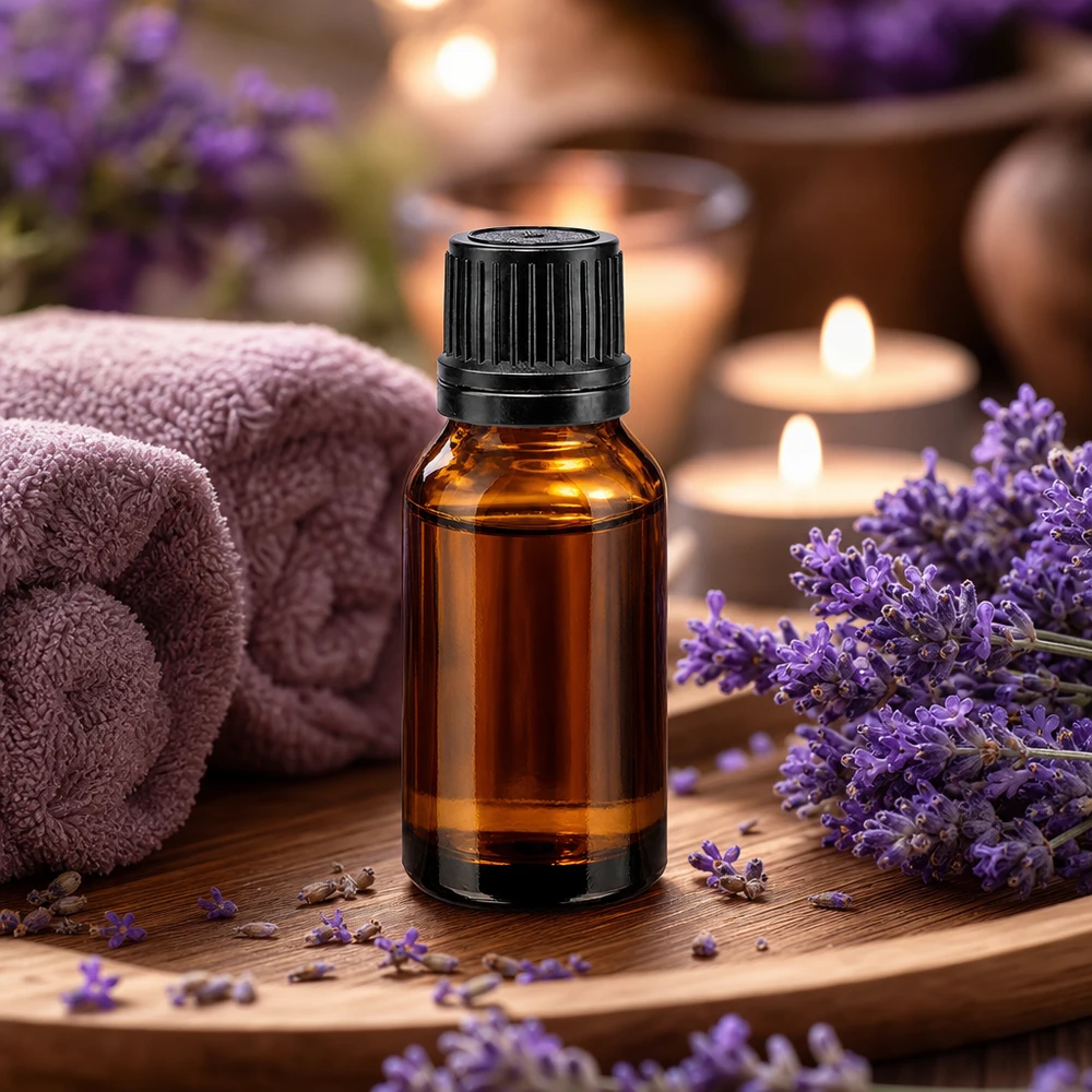 Frasco de farmácia castanho de 15 ml com tampa conta-gotas para óleo de lavanda, sobre uma bandeja de madeira com velas
