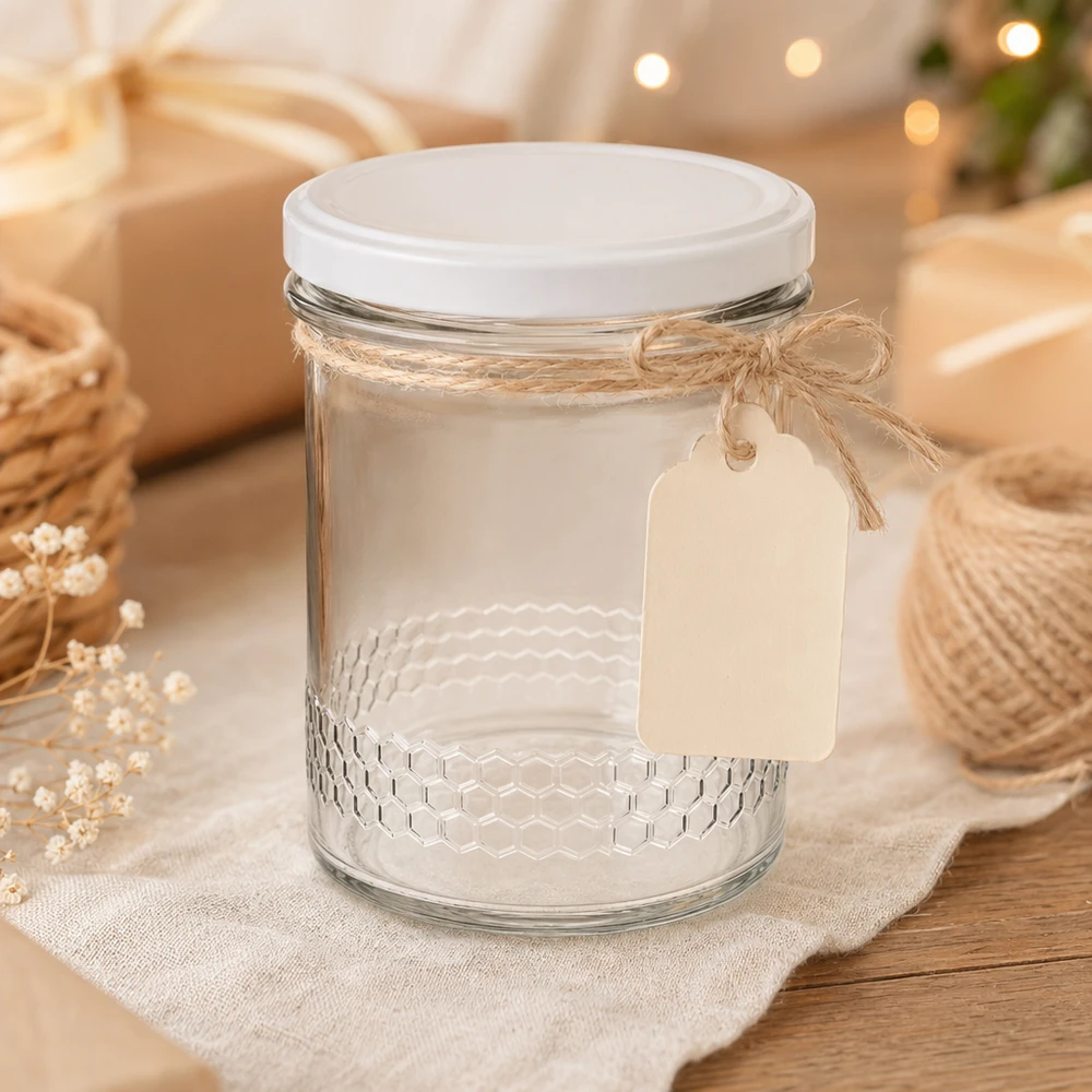 Frasco de mel de 400 ml com cordão de juta e etiqueta de oferta decoração rústica Tampa BasicSeal branca sistema UNiTWIST