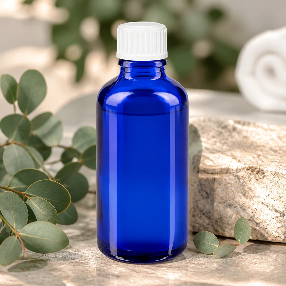 Frasco de farmácia azul cobalto de 50 ml, em vidro borossilicato, com tampa de segurança para crianças branca