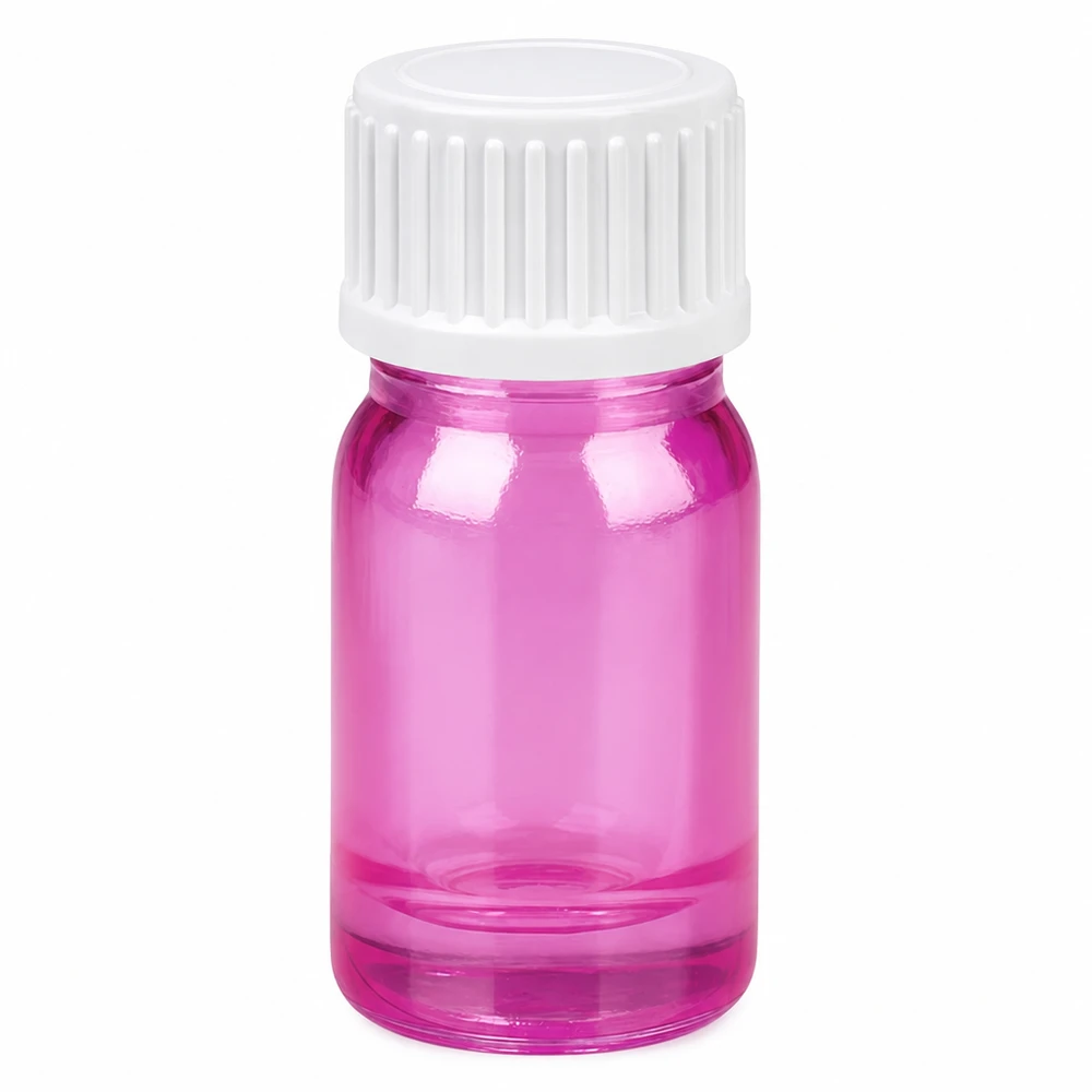 Frasco de vidro de 5 ml em rosa transparente com tampa de rosca branca para óleos essenciais e cosméticos
