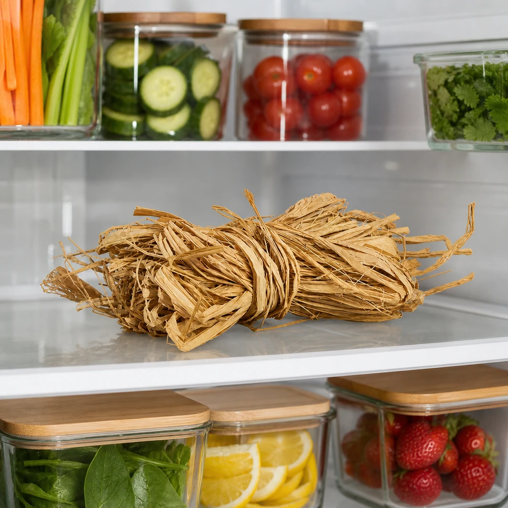 Corda natural para decoração, 30 g A ráfia natural 30g bege dourado guardada no frigorífico ao lado dos legumes mostra uma arrumação prática para materiais de artesanato
