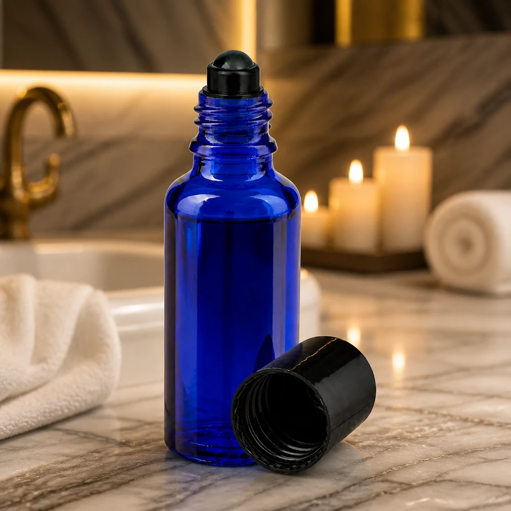 Frasco de farmácia azul 30ml com tampa de rosca preta Frasco roll-on de 30 ml em vidro de farmácia, de cor azul cobalto, com aplicador de esfera preta