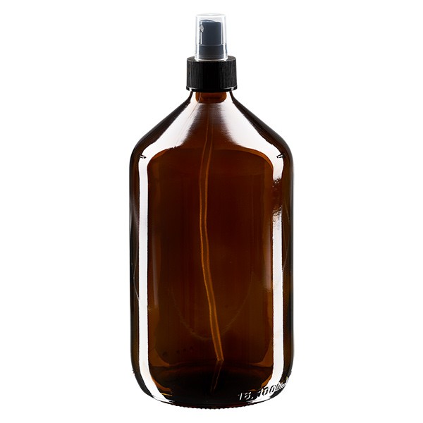 Frasco de medicamento Euro 1000ml. castanho PP28 com nebulizador preto Frasco de medicamento Euro 1000ml. castanho PP28 com nebulizador preto