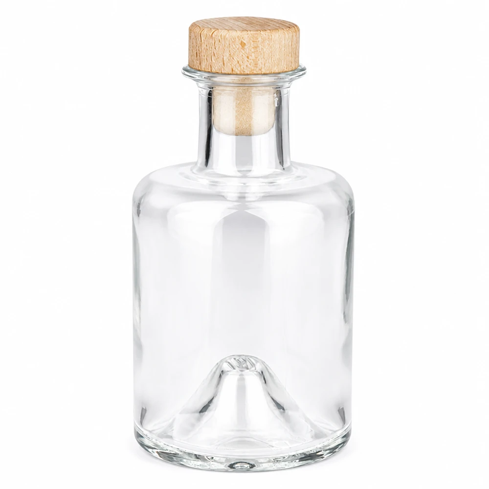 Garrafa de vidro de 200 ml Sofia com pega de madeira e rolha UNiTWIST transparente vazia Fotografia do produto sobre um fundo branco
