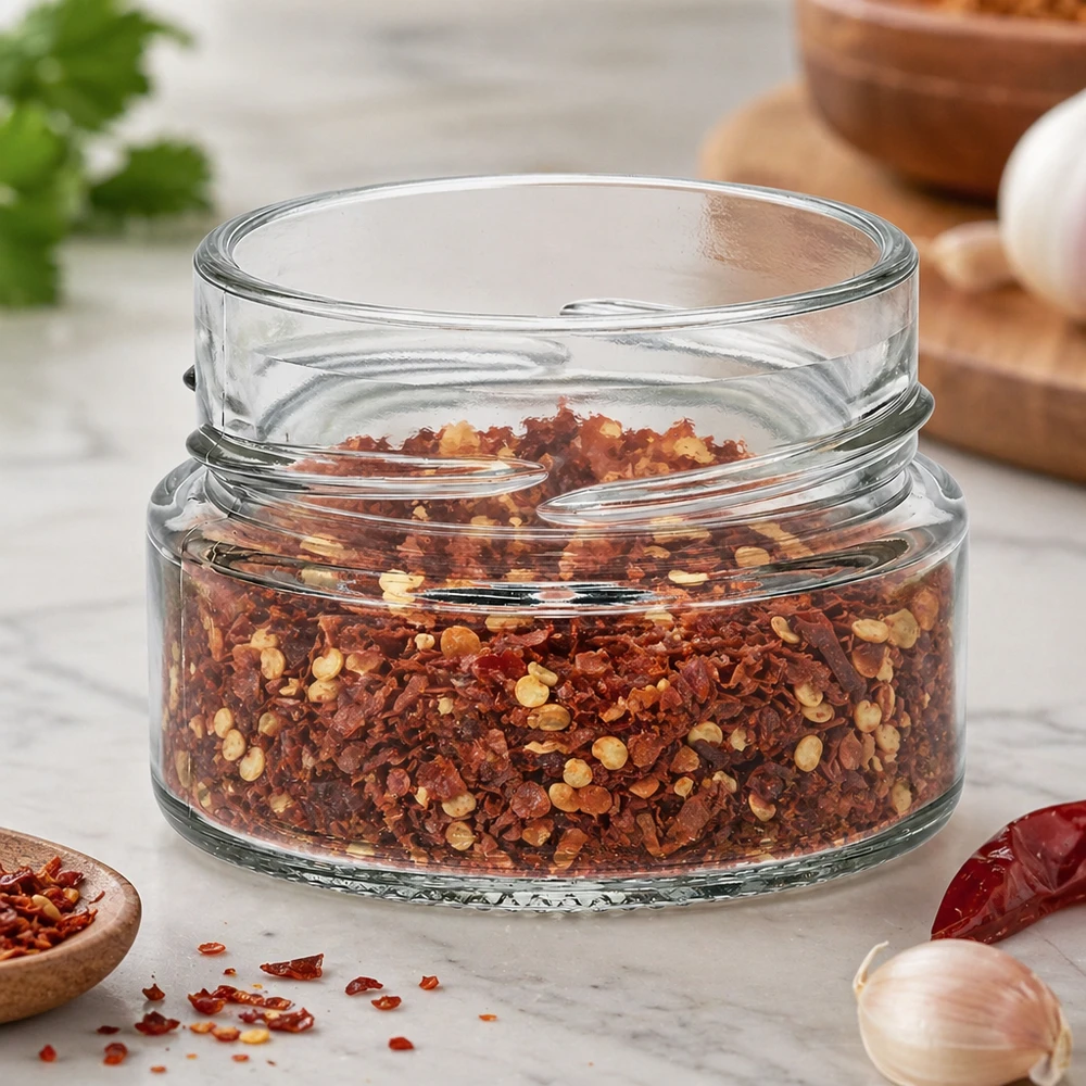 UNiTWIST Runda80 frasco redondo de 80 ml TO58deep cheio de flocos de especiarias vermelhas sobre bancada de cozinha em mármore