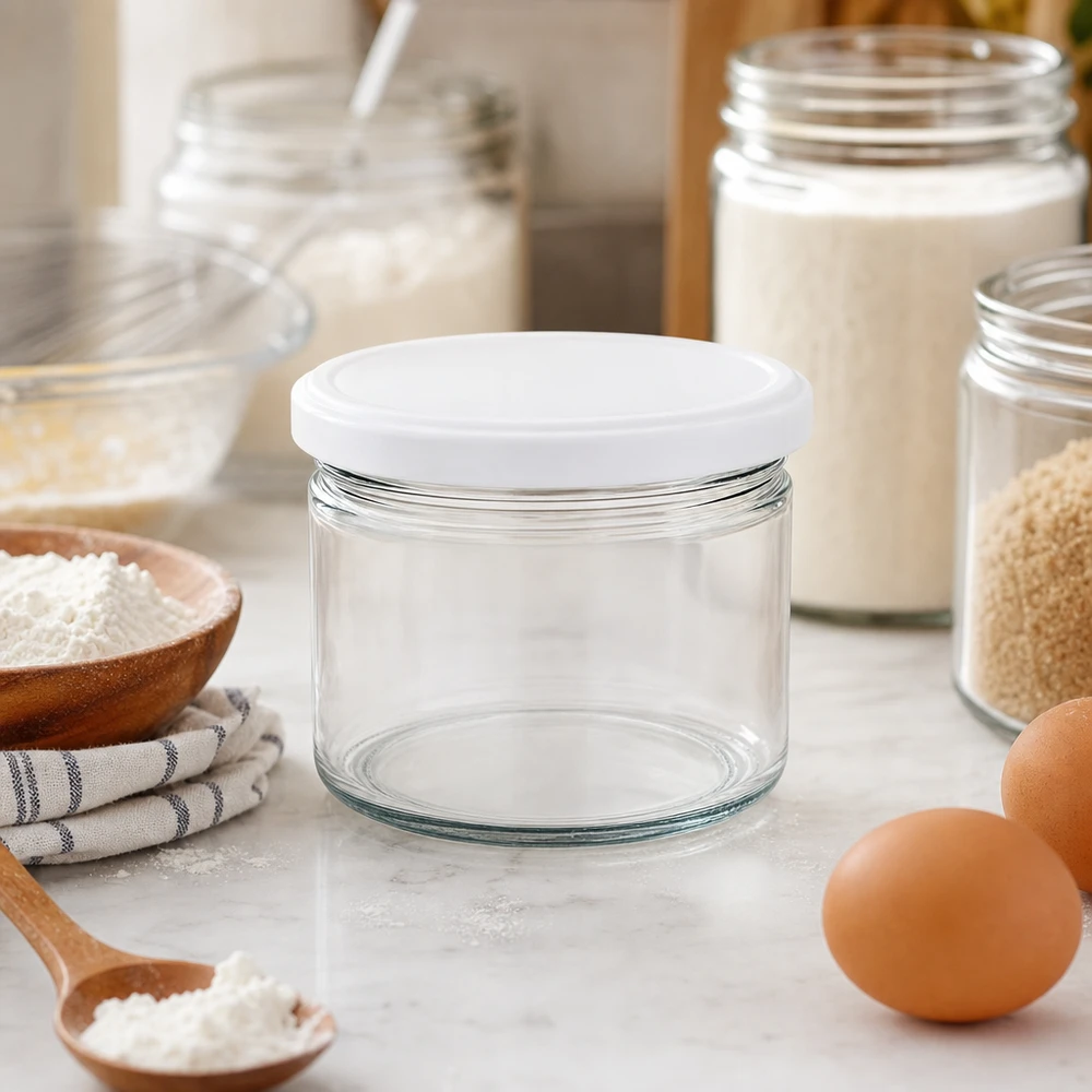 Frasco redondo de 540 ml com tampa BasicSeal branca UNiTWIST 540ml Rundglas BasicSeal weiß in stylischer Küche mit Backzutaten - elegantes Vorratsglas für Mehl und Backen