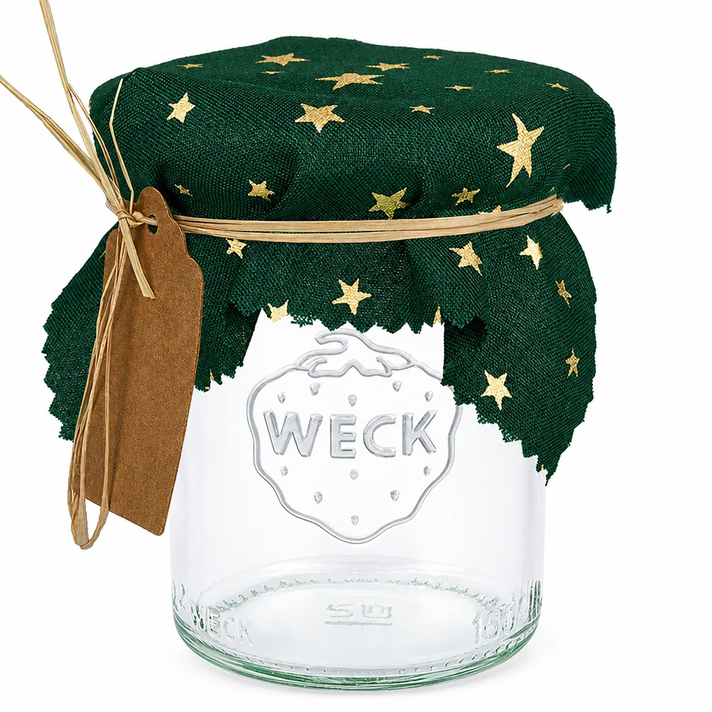 Pano para jóias em tecido verde "Estrelas" quadrado de 12 cm Guardanapo de tecido verde com estrelas douradas num frasco de conserva, quadrado de 12 cm, guardanapo decorativo para frascos de conserva