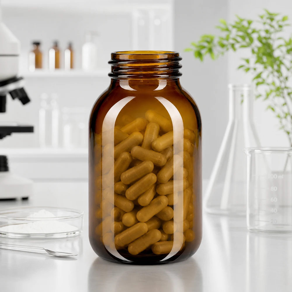 Garrafa de 500 ml de alta qualidade com gargalo largo, fabricada em vidro âmbar com proteção UV para uma conservação óptima