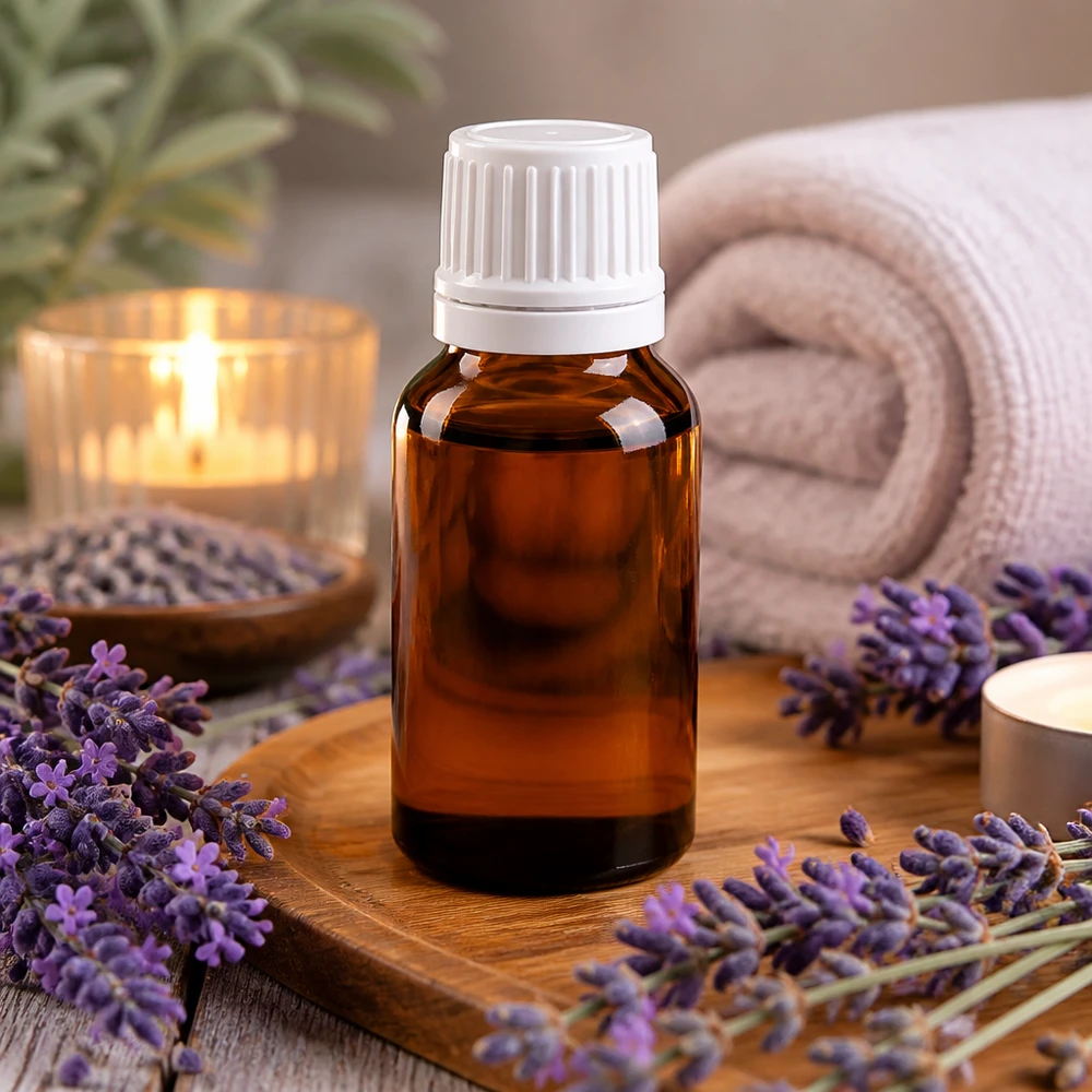 Pequeno frasco de vidro castanho com tampa de segurança para crianças branca, entre flores frescas de lavanda