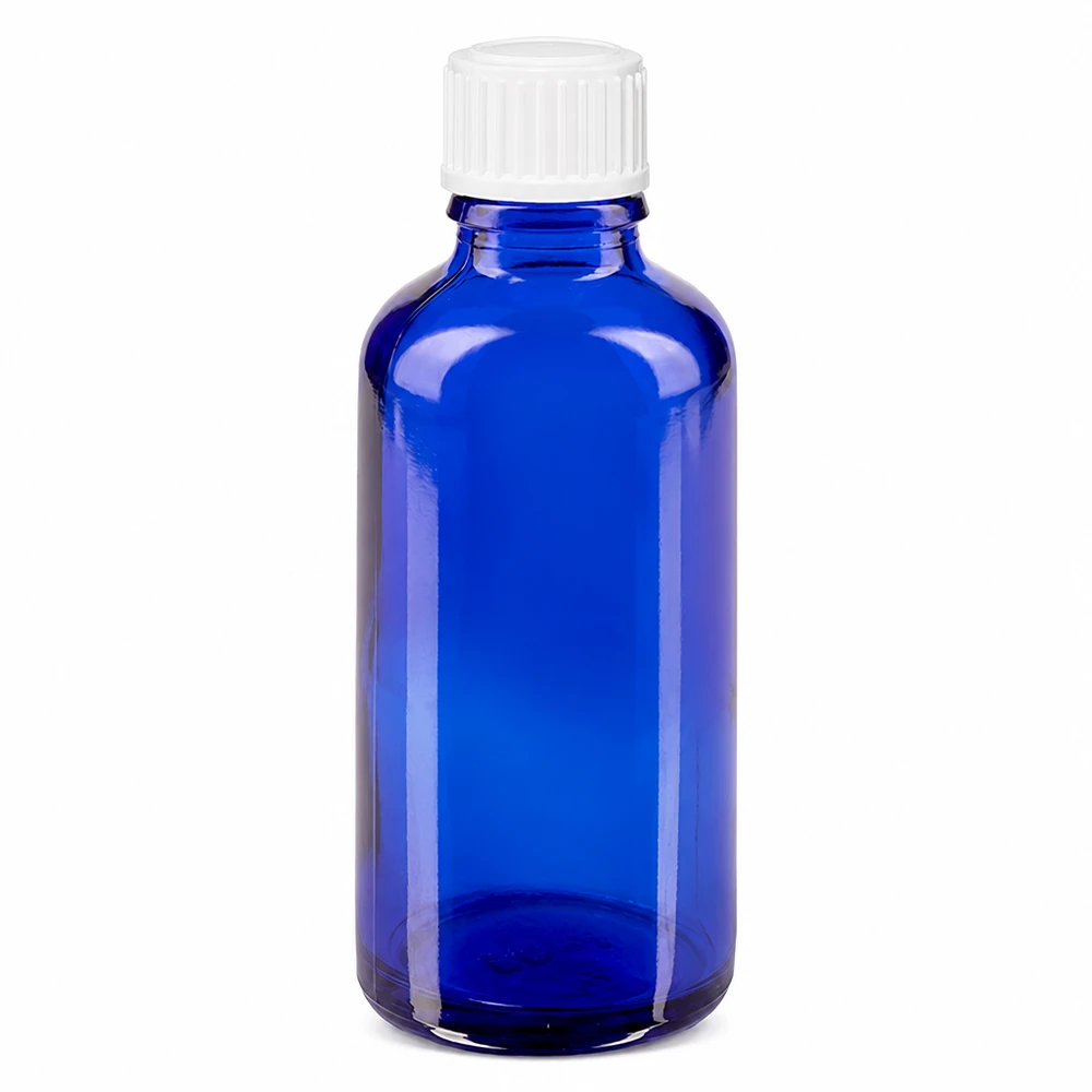 Frasco de farmácia azul 50ml tampa conta-gotas branco 0.8mm standard Frasco de vidro azul de 50 ml com tampa conta-gotas branca, fabricado em ApoGlas de alta qualidade para farmácias