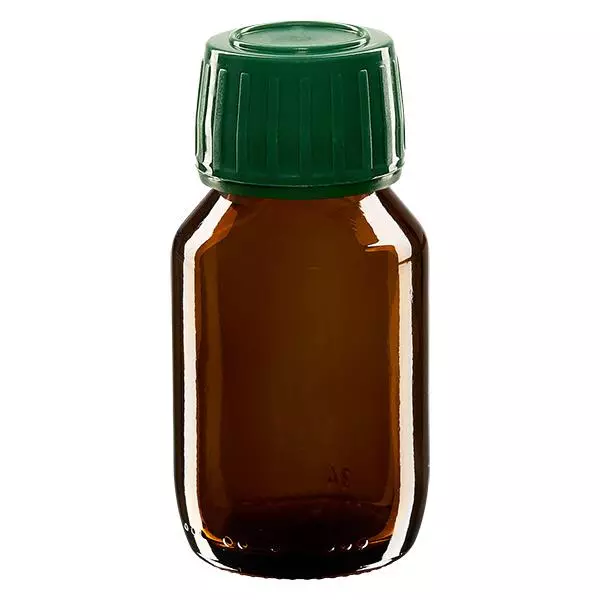 Frasco de medicamento de 50 ml castanho, tampa verde com anel inviolável ApoGlas Frasco de medicamento de 50 ml castanho, tampa verde com anel inviolável ApoGlas