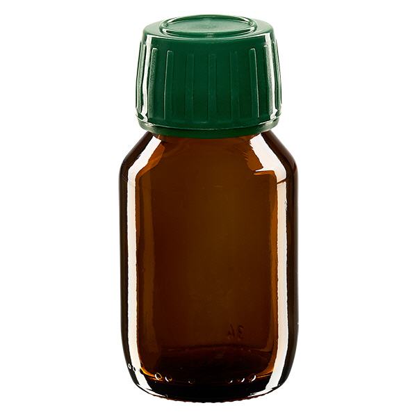 Frasco de medicamento de 50 ml castanho, tampa verde com anel inviolável ApoGlas Frasco de medicamento de 50 ml castanho, tampa verde com anel inviolável ApoGlas