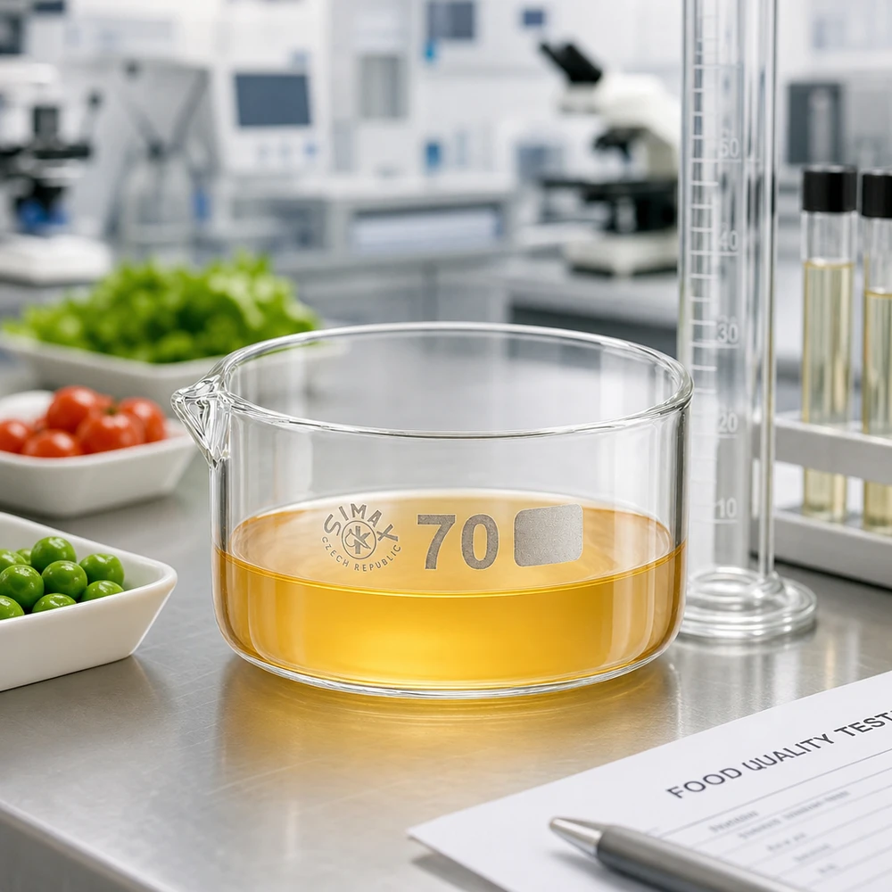 Bandeja de cristalização Simax de 70 mm com conteúdo amarelo sobre uma bancada de laboratório em aço inoxidável, ao lado de alimentos