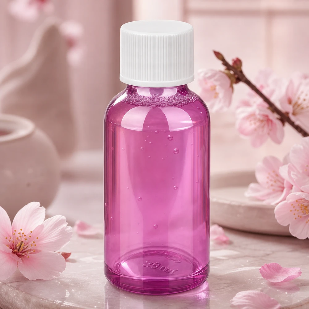 Frasco de 30 ml com tampa branca estriada em roxo para armazenamento seguro de líquidos