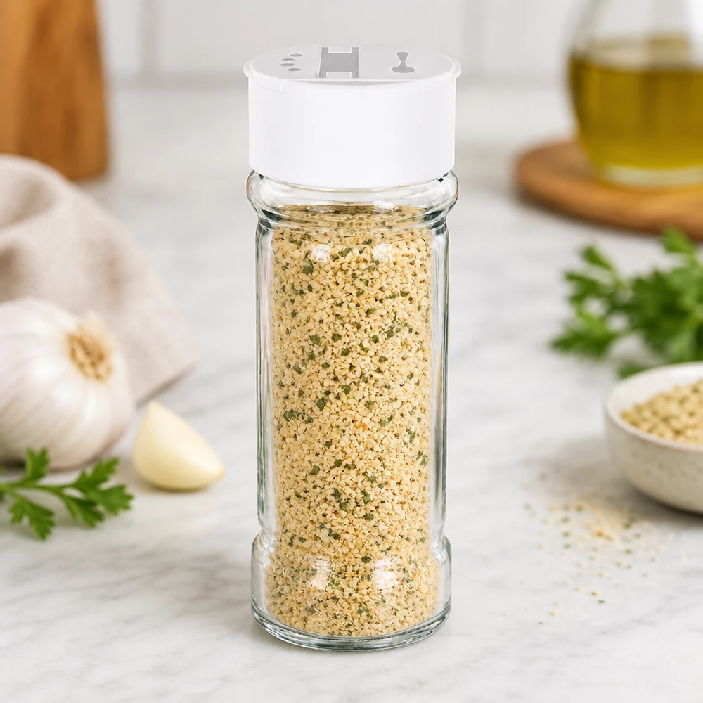 Frasco de vidro salgado transparente de 100 ml com tampa de plástico branca, cheio de sal com alho e ervas aromáticas